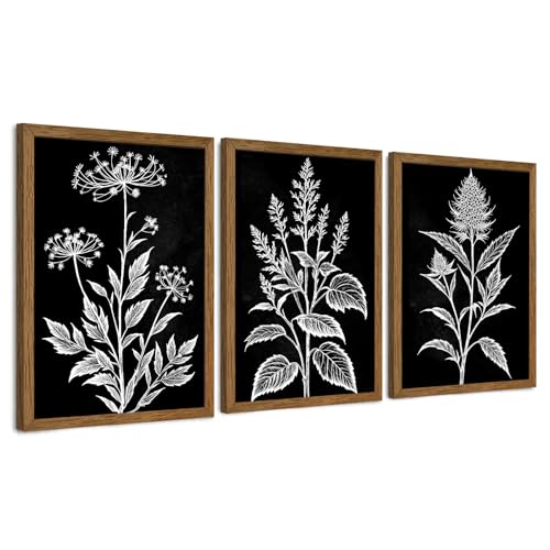 AVECCO 3 Pieces Black White Botanical Wall Art Canvas Framed 16x24 Inch - color: Dark, size: 24"L x 16"W