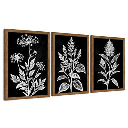 AVECCO 3 Pieces Black White Botanical Wall Art Canvas Framed 16x24 Inch - color: Dark, size: 24"L x 16"W