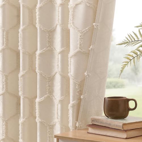 FOLKSIDE Geometry Curtains 72 Inches Long 2 Panels Cream Beige Fluffy Jacquard Curtains Tufted Pom Hexagon Trellis Design Rod Pocket Back Tab Lattice Semi Sheer Drapes for Bedroom Privacy, 52x72 - color: Cream Beige, size: 52"W x 72"L (Pack of 2)