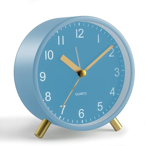 JALL Analog Alarm Clock, 4 inch Super Silent Non Ticking Small Clock with Night Light, Battery Operated, Simple Design, Easy Setting for Office, Bedroom, Bedside, Desk, Teens, Elders, Adult, SkyBlue - color: Blue