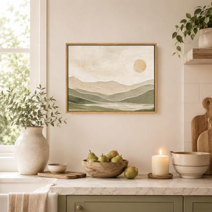 SPIGETO Framed Sage Green Abstract Landscape Mountain Sun Wall Art, 16x12 - color: SUN, size: 16"L x 12"W