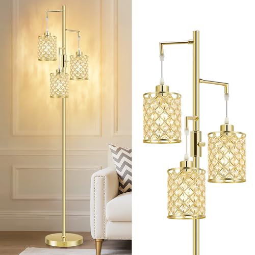 GyroVu Morden Gold Crystal Floor Lamps for Living Room, 3-Light Standing Tall Lamp with Elegant K9 Crystal Shade & Rotary Switch, Modern Corner Floor Lamp for, Bedroom, Home Office, Reading - color: Gold-3 Lights