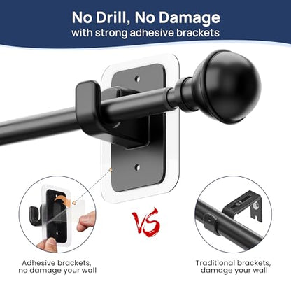 ENJOYBASICS No Drill Curtain Rods for Window 28 to 47 Inches, 5/8 Inch Diameter Renter Friendly Drapery Rod with Adhesive Brackets without Drilling, Adjustable from 27 to 52 Inches, Black (Pack of 2) - color: Black, size: 27-52" (Pack of 2)
