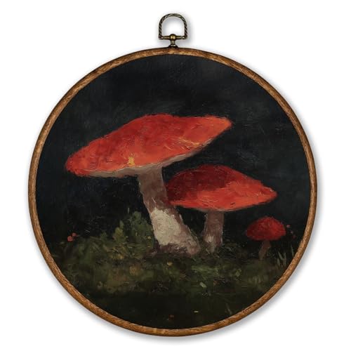 Voxitura Vintage Red Mushroom Fall Wall Art Round Framed, Dark Gothic Wall Decor Canvas Hanging Living Room,Autumn Botanical Fungi Paintings Prints Artwork Decorations for Bedroom Thanksgiving 10x10in - color: Red Mushroom