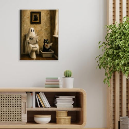 Halloween Bathroom Wall Art Canvas Print Framed Ghost Black Cat in Poster - color: Z