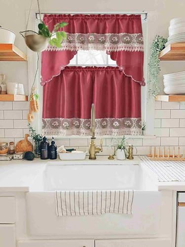 Generic 3-Piece Set Embroidered Window Curtain 2 Panels 1 Valance for Kitchen Restaurant Bar BR (Burgundy BR-04) - color: Burgundy Br-04