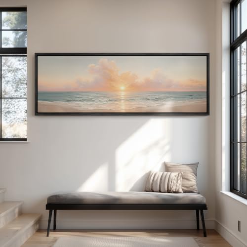 wall26 Large Framed Wall Art Canvas Print - Soft Pastel Sunset Beach Coastal Seascape - Contemporary Artwork for Living Room Bedroom Office - 60"x20" Black - color: A07-2607-YUK17, size: 60"L x 20"W, style: Black Frame
