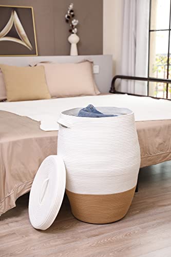 26"x20" Handcrafted Tall Cotton Rope Basket with Lid, Stylish Flagon Shape with Cover, Clothes Hamper with Top, for Bedroom and Living Room, White/Camel Bottom - color: White/Camel Bottom