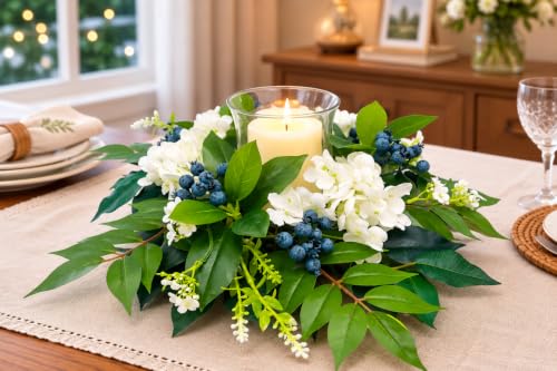 Svndlyn Candle Holder Centerpiece with Glass Hurricane and White Hydrangeas