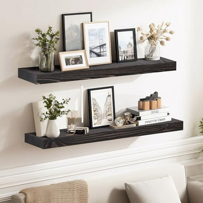 Solid Wood Floating Shelves, 24 Inch Wall Shelves, Set of 2, Black - color: Black, size: 24x8x1.6