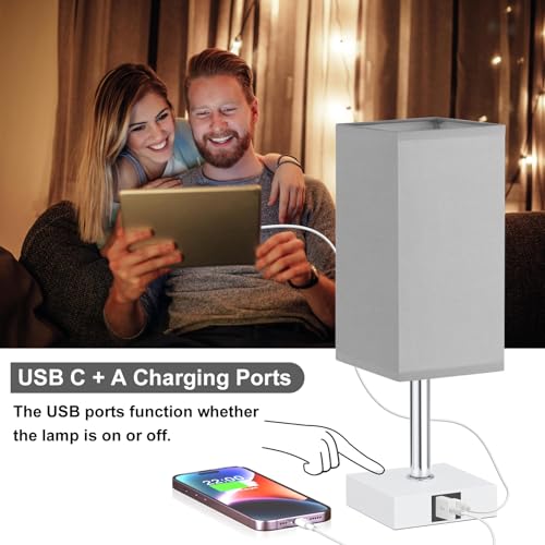 Touch Table Lamp for Bedroom - Dimmable, USB C+A, Grey Lamphade White Base - color: Grey & White