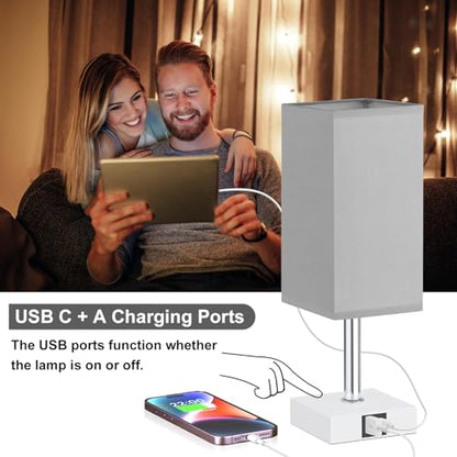 Touch Table Lamp for Bedroom - Dimmable, USB C+A, Grey Lamphade White Base - color: Grey & White