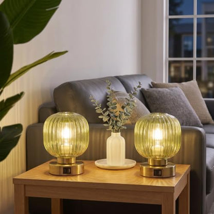 Elenhome Touch Table Lamp Set of 2, 3-Way Dimmable with Glass Shade, USB-C+A Charging Ports, Mid-Century Modern Small Bedside Lamps for Nightstand, Bedroom, and Living Room, LED Bulb Included (Green) - color: Green_2pack