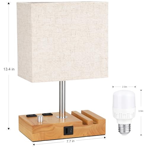 Wood Grain Table Lamp for Bedroom, Stepless Dimmable, USB C+A, 2 AC Outlets - color: Wood Grain with Knob Switch, size: 1 Pack