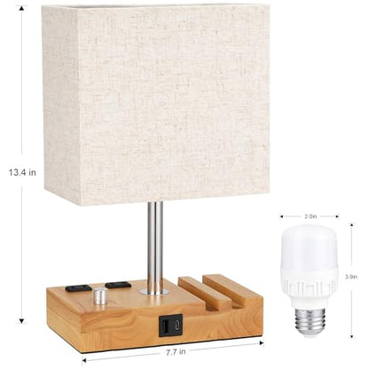 Wood Grain Table Lamp for Bedroom, Stepless Dimmable, USB C+A, 2 AC Outlets - color: Wood Grain with Knob Switch, size: 1 Pack