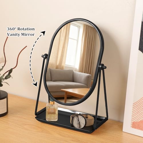 Black Metal Framed Oval Desk Table Mirror with Storage Tray - color: Oval-black