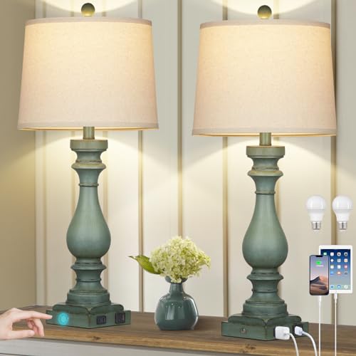 Cinkeda 29" Tall Table Lamp for Living Room Set of 2,Vintage Bedside Nightstand Lamps with USB C+A Ports & AC Outlet,3-Way Dimmable Touch Control Retro Green Desk Lamp for Bedroom,Color 4 - color: Retro Green