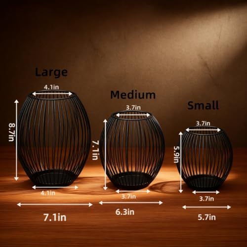3-Piece Black Metal Lantern Candle Holder Set, Modern Lantern Decor for Home, Stylish Lanterns Decorative Indoor with Easy-Open Design and Heat-Resistant Trays
