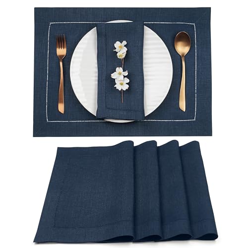 Signature Linen™ by D'Moksha, Navy Blue Placemats Set of 4, 14 x 19 Inch, 100% Pure Linen Table Mats, Hemstitch, Machine Washable Cloth Placemats- Fall, Weddings, Outdoor Hosting - color: Navy Blue, size: Set of 4 (14 X 19 Inch)