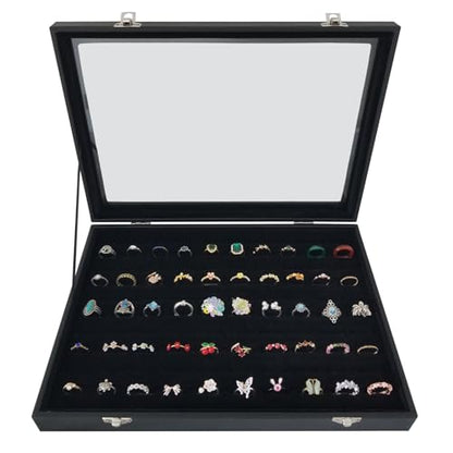 Women Ring Storage Box with 100 Slots & Clear Glass Lid - color: Black-100 rings