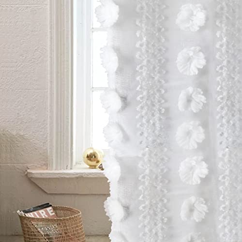 White Boho Sheer Curtains Poms 63 inches Long 2 Panels Embroidered Tuft - size: 54"W x 63"L (Pack of 2)