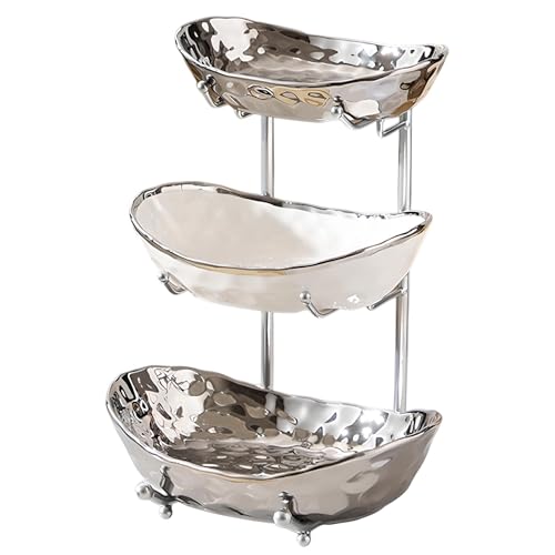 XUDREZ 3 Tier Fruit Bowl with Metal Stand for Kitchen Counter, Ceramic White Gold Silver, Tiered Fruit Basket for Nuts, Snacks, Bread, Candy Storage (Silver) - color: Silver