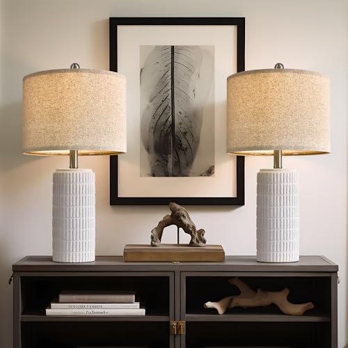 PoKat 23" Table Lamp, Farmhouse Bedside Lamps for Bedroom Set of 2, Ceramic End Table Lamps for Living Room, Traditional Nightstand Desk Lamps, Frosted White Lamps, Medium - color: Frosted White