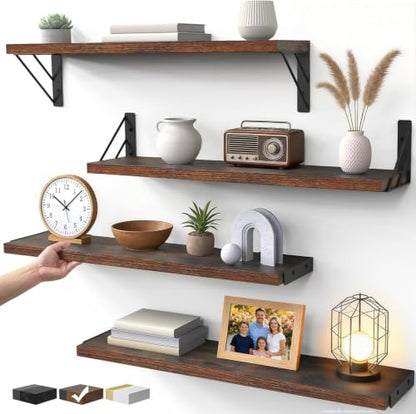 BAYKA 22.4 Inch Long Wall Mounted Floating Shelves (Rustic Brown, Set of 4) - color: C. Rustic Brown Board & Black Brackets, size: 22.4 inches Uniform