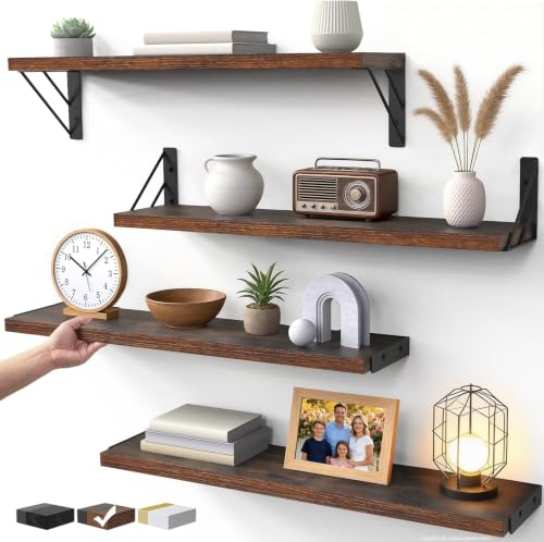 BAYKA 22.4 Inch Long Wall Mounted Floating Shelves (Rustic Brown, Set of 4) - color: C. Rustic Brown Board & Black Brackets, size: 22.4 inches Uniform