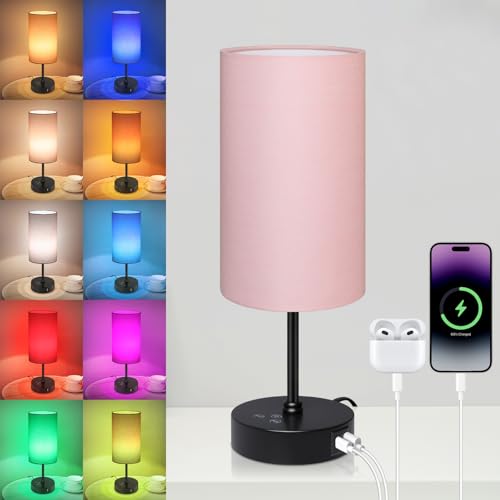 Unicozin Table Lamp for Bedroom, 3 Color Temperatures, 7 RGB Colors, Adjustable Brightness, Dual USB Charging Ports, Ambience Nightstand Light with Pink Shade, Desk Lamp for Kids Reading Home Office - color: Pink - Black, size: 14.5in