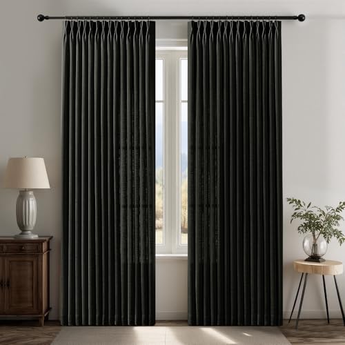 Pinch Pleated Curtains Thick Linen Blend Sheer Drapes Light Filtering - color: Black, size: 40"W x 84"L (Pack of 2)