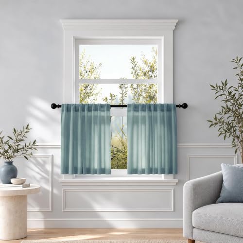 Mist Blue Sheer Linen Curtains for Kitchen Bedroom 45 Inches Long - color: Mist Blue, size: 35"W x 45"L (Pack of 2)