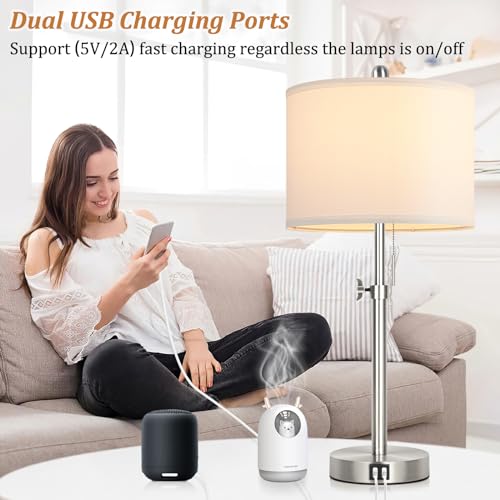 Kondras Table Lamp Set of 2 for Bedroom, Bedside Lamp with 2 USB Ports, 23" to 30" Height Adjustable Tall Table Lamp for Living Room End Tables, Modern Silver Nightstand Lamp with Pull Chain - color: Silver(base)-White(shade)