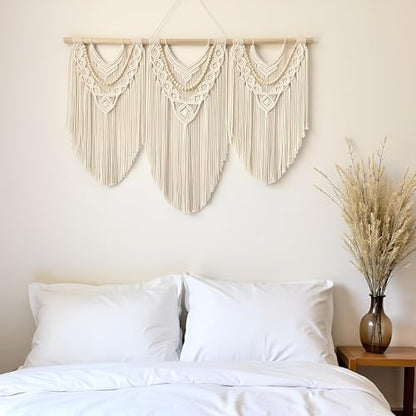 Large Macrame Wall Hanging, Boho Tapestry, 43"x32", Wood Bead Fringe - color: Beige-Wood Bead