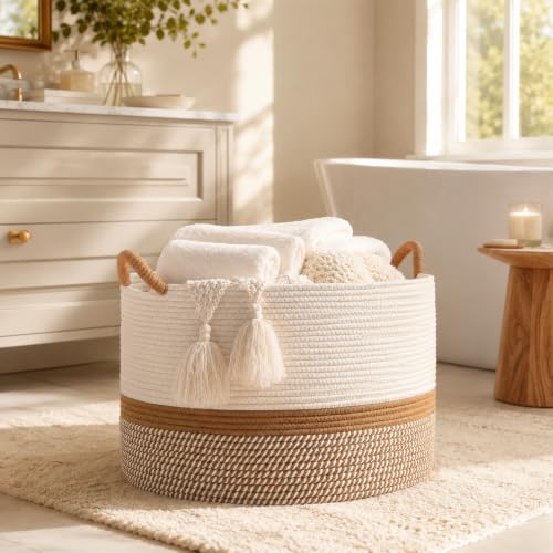KAKAMAY Large Blanket Basket with Handles, Storage Basket for Living Room - color: Brown