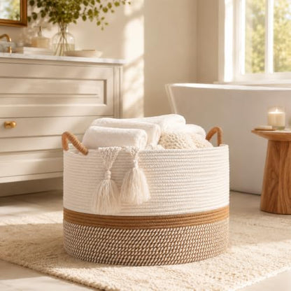 KAKAMAY Large Blanket Basket with Handles, Storage Basket for Living Room - color: Brown