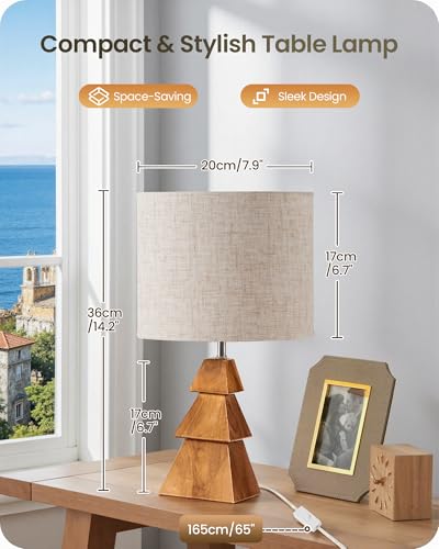 Wood Table Lamp, Wood Bedside Lamp with Tree-Shaped Base & Linen Lampshade, Modern Cute Desk Lamp for Living Room, Bedroom, E26 Base, Bulb Not Included, Beige and Dark Natural LE08TL05 - color: Beige+Pearwood Tree Shaped