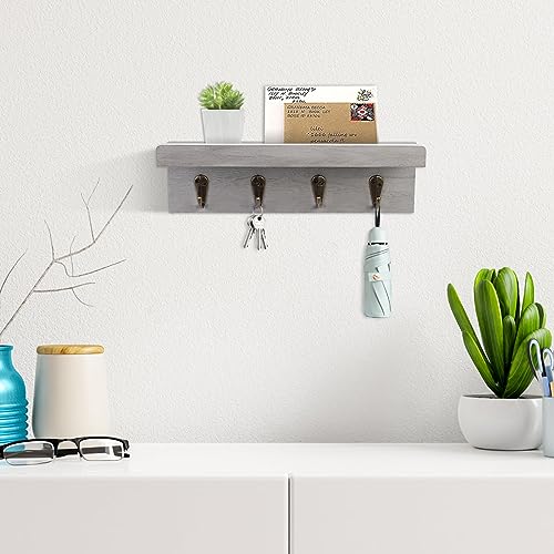 Key Holder Wall Mount, Farmhouse Wall Shelf with 4 Hooks for Entryway - color: Gray