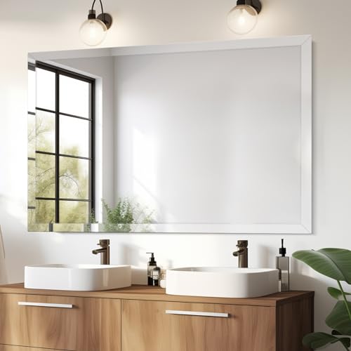40x30 Inch Rectangle Frameless Mirror, Beveled Bathroom Mirror - size: 40"L x 30"W