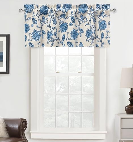 DriftAway Freda Jacobean Floral Linen Blend Blackout Thermal Insulated Energy Saving Privacy Window Linen Curtain Valance Rod Pocket 2 Layers Single 51 Inch by 18 Inch Plus 2 Inch Header Blue - color: Blue, size: 52"W x 18"L (Pack of 1)