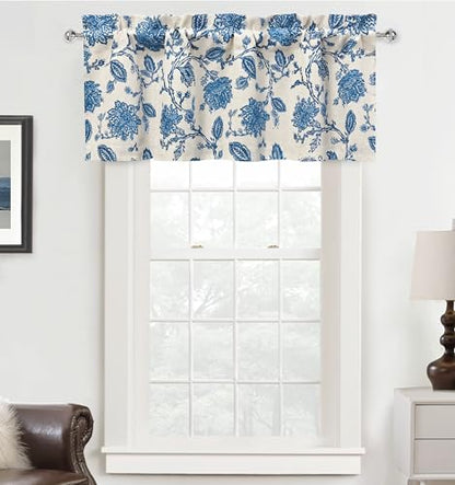 DriftAway Freda Jacobean Floral Linen Blend Blackout Thermal Insulated Energy Saving Privacy Window Linen Curtain Valance Rod Pocket 2 Layers Single 51 Inch by 18 Inch Plus 2 Inch Header Blue - color: Blue, size: 52"W x 18"L (Pack of 1)