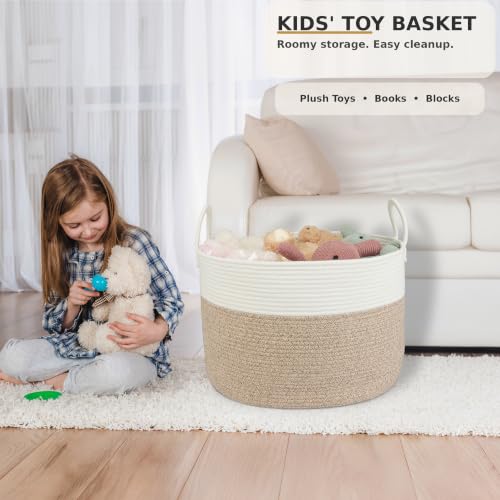 XUANGUO 66L Large Blanket Basket, Round Cotton Rope Basket, White & Brown - color: white and brown