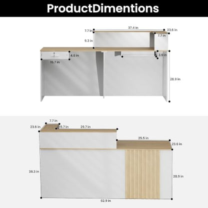 63"Reception Desk with Vertical Slat Panels for Office, Salon & Lobby - color: White/Oak, size: 62.9''L x 23.6''W x 39.3''H