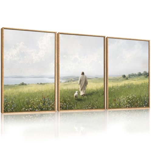 HLNIUC Jesus Lamb Framed Canvas Wall Art,Large Christian Wildflower Bible Wall Decor,Vintage Religion Scripture Artwork Set of 3(24x36),Nature Meadow Landscape Prints for Living Room,Bedroom,Office - color: Jesus Sheep, size: 24"L x 36"W