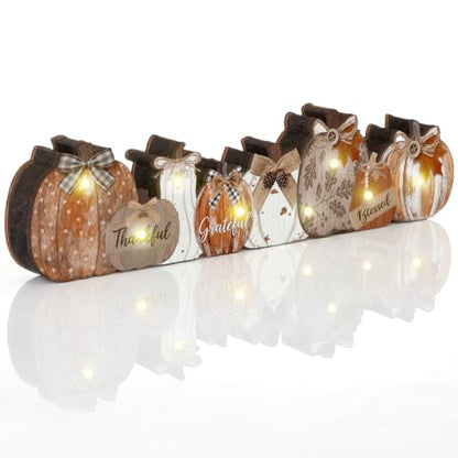 Yousoontic Neutral Fall Decor, Light up Wood Pumpkin Table Centerpieces - style: Rustic Pumpkin