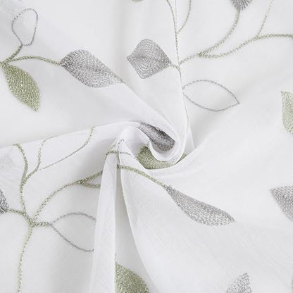 Bujasso Embroidered Leaf Sheer Curtains, Gray Green 38" Wx63 Lx2 - color: Gray Green, size: 38"W x 63"L (Pack of 2)