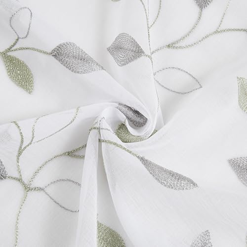 Bujasso Embroidered Leaf Sheer Curtains, Gray Green 38" Wx90 Lx2 - color: Gray Green, size: 38"W x 90"L (Pack of 2)