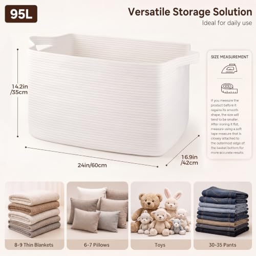 OIASKET 95L Extra Large Blanket Basket, 24" x 16.9" x 14.2" Woven Basket - color: White, size: 24"x16.9"x14.2"