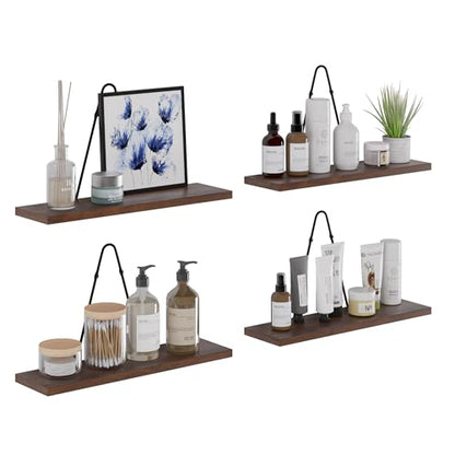 Rustic State Moma Wall Mounted Narrow Decorative Floating Shelves with Triangle Brackets - Picture Ledge, Display for Collectibles Memorabilia Awards Objects Toiletries - Set of 4 - Walnut