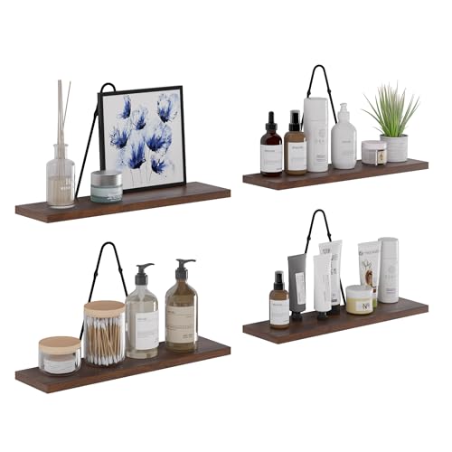 Rustic State Moma Wall Mounted Narrow Decorative Floating Shelves with Triangle Brackets - Picture Ledge, Display for Collectibles Memorabilia Awards Objects Toiletries - Set of 4 - Walnut